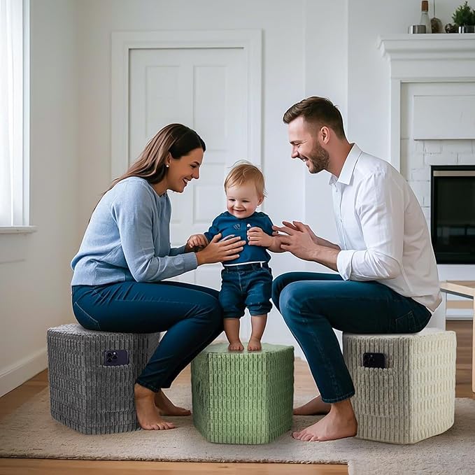 Hexagon Pouf Ottoman Stuffed with 2 Pockets & Handle, Comfort Corduroy Poufs, Non-Slip Foot Stool Storage Ottoman, Foam Floor Poufs Foot Rest for Couch, Bedroom (Green)