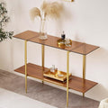 Extra Large Glass Console Table for Living Room, Foyer & Entrance, L47 x W16 x H31, Mid-Century Modern Sofa Table with Amber Glass Top, Walnut Finish Wood Top and Gold Finish Metal Frame