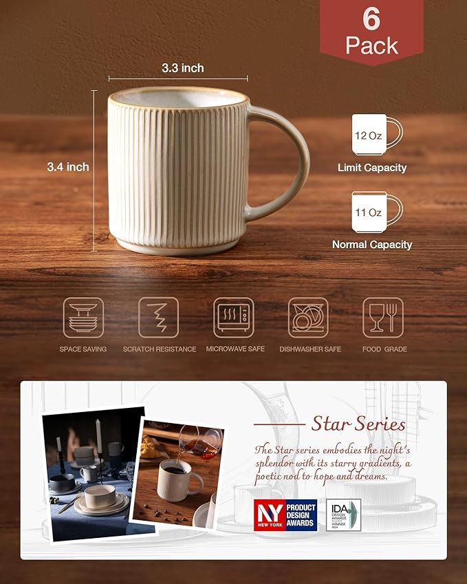 famiware Coffee Mug Set for 6, Star 12 oz Catering Mugs Cup Set with Handle for Coffee, Tea, Cocoa, Milk - Ceramic Stoneware Drinkware Set, Cappuccino White