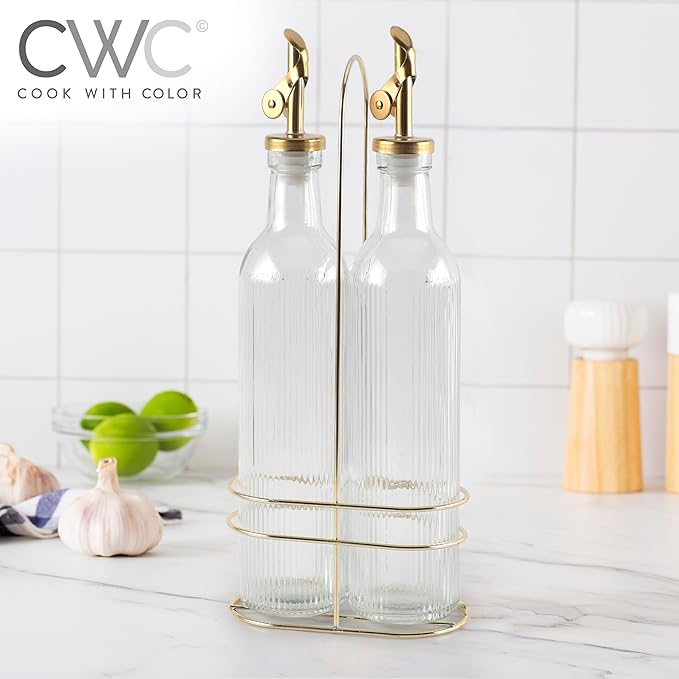 COOK WITH COLOR Glass Olive Oil Dispenser Bottle - 2 Pack, 17 oz Cruet - Elegant Carafe Decanter with Spout for Kitchen, Suitable for Vinegar, Coffee Syrups & Other Liquids