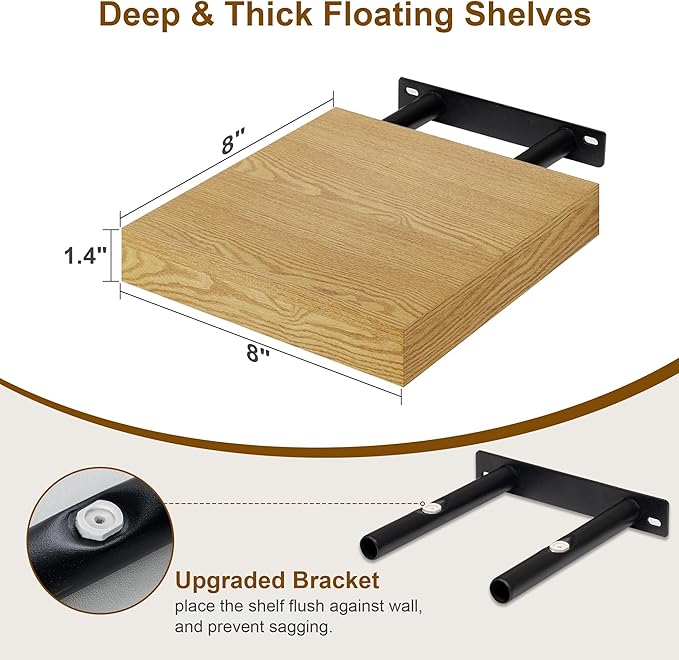 Fun Memories Floating Shelves, 8 Inch Deep Floating Shelves for Wall, 8 x 8 Wall Shelves, Rustic Wood Floating Shelf for Living Room, Bedroom, Bathroom, Oak Color, Set of 2