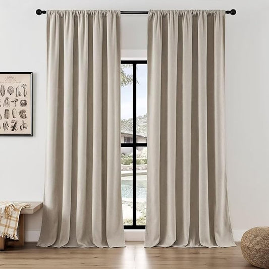 Joydeco Faux Linen Curtains 96 Inch Length 2 Panel Set, Light Filtering Curtains for Bedroom, 52 Inche Wide Living Room Drapes with Rod Pockets (52x96 inch, Linen)