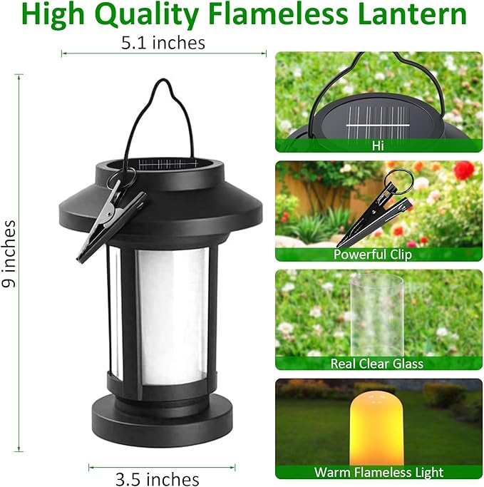 Derynome Solar Lantern Outdoor Lights, 4 Pack Upgraded Flickering Flameless Solar Lights Outdoor Waterproof, Hanging Decorative Lanterns for Yard Patio Path Garden Decor (4)