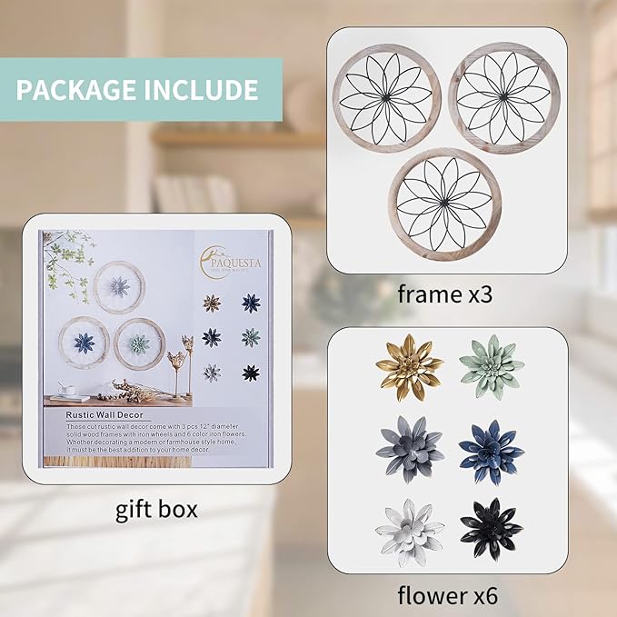 Paquesta 3 Piece Round Farmhouse Wall Decor with 6 Piece Interchangeable Flowers 12'' Medallion Wood & Metal Rustic Wall Art for Living Room Bedroom Kitchen Bathroom Dining Room Home Decorations