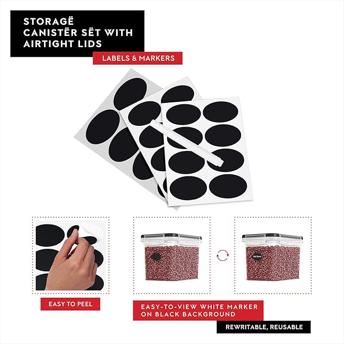 DWËLLZA KITCHEN Flour Sugar Storage Containers Set of 4; 3.6l Plastic Airtight Food Storage Containers with Lids for Kitchen Pantry Organization and Storage - Dry Food Containers, Labels & Marker
