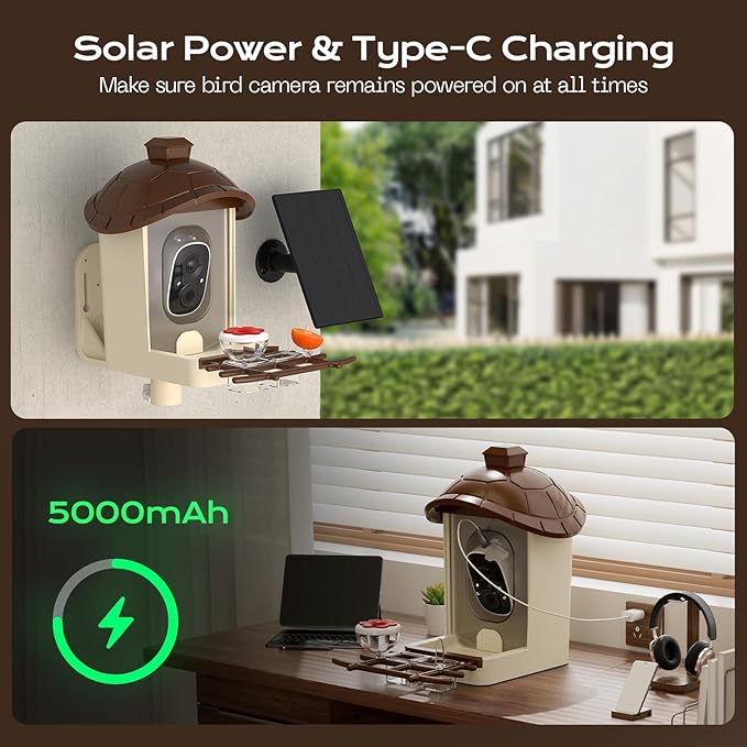 Bird Feeder with Camera, 2K HD Live Video, Smart Bird Cam Solar Powered with AI Birds Species Identification, Auto Capture Video, Instant Arrival Alerts, Best Gifts for Mom Dad