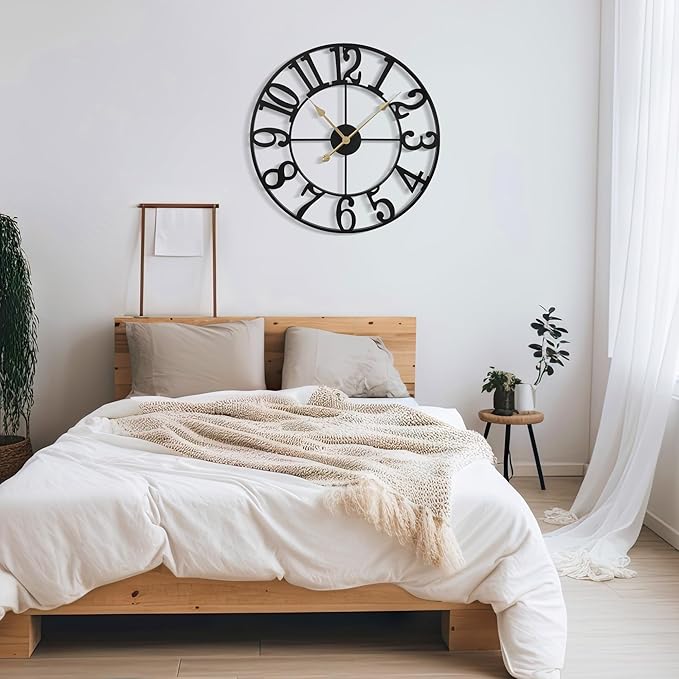 Large Wall Clock for Living Room Decor - 60cm/ 24 Inches Silent Non-Ticking Metal Wall Clocks Battery Operated, Vintage Decorative Modern Wall Clock for Bedroom, Office, Farmhouse Decor