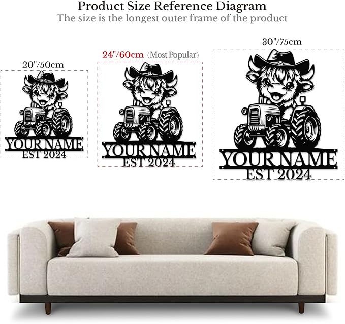Personalized Highland Cow Name metal Signs,Custom Highland Cow Metal Shed Wall Decor,Black Metal Wall Art Plaques Outdoor wall Decorative Signage (Style B)