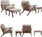 Mid Century Modern Accent Chair with Ottoman, Farmhouse Linen Upholstered Living Room Armchair and Ottoman Set, 23" Seat Wide Retro Leisure Lounge Chair with Wood Frame for Home, Bedroom, Beige