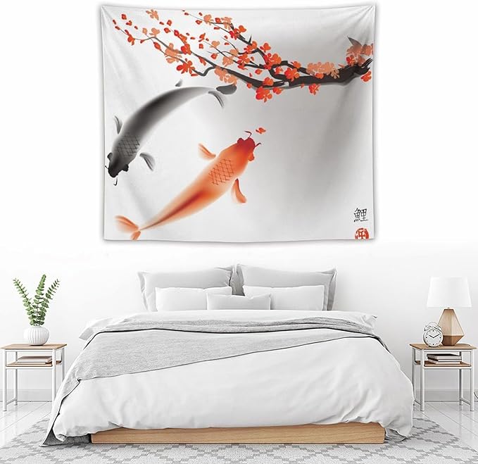 Houselerax Japanese Koi Fish Tapestry, Cherry Blossoms Asian Oriental Flower Branch Koi Fish Carp Tapestries Wall Hanging for Bedroom Living Room Office Decor 60"x50"