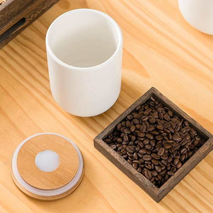 Ceramic Canister Set for Kitchen, 3pcs White Ceramic Kitchen Canisters for Countertop with Airtight Wood Lids, Large Flour and Sugar Containers for Coffee, Tea, Spice