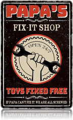 Papas Fix It Shop Metal Tin Signs for Garage Man Cave Decor Funny Papa Gifts - Vintage Tool Shop Papa's Workshop Signs, Father's Day Gifts Decorations 8x12 Inch
