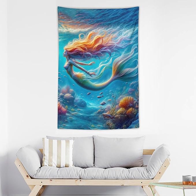 Mermaid Tapestry Ocean Tapestries Coastal Fabric Wall Hanging Aesthetic Space Indoor Outdoor Wall Art Tablecloth Bedspread Decoration for Girl’s Bedroom Dormitory Living Room Home Decor 40"x60"
