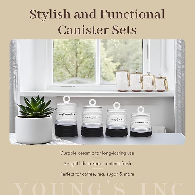 Young's Inc. 4 Pcs Set Rustic Modern Ceramic Canisters- Storage Container for Kitchen and Bathroom - Beautiful Home Decor Accent to Store Food, Coffee, Tea, and More - Black, White