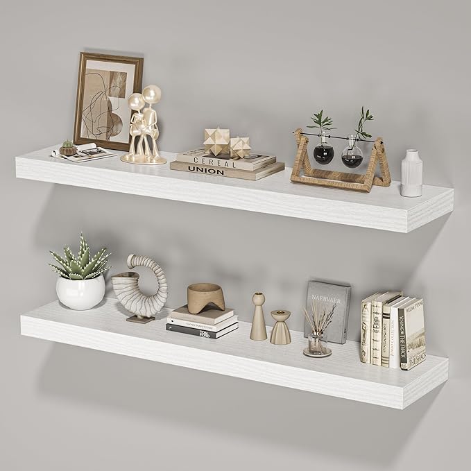 Floating Shelves for Wall,40" W x 8" D x 1.5" H, Wooden Wall Mounted Display Shelves with Invisible Brackets for Living Room, Bedroom, Bathroom, Kitchen Decor and Storage, Set of 2, White