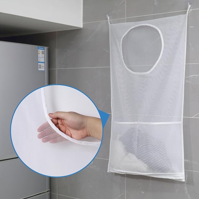 Saves Space Door-Hanging Laundry Bag,Door Hanging Laundry Hamper with 2 Different Types of Hooks, Polyester Fabric Hanging Laundry Basket for Clothes Size 22"X37" -2 Pack White