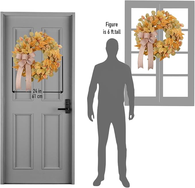 Fall Wreath for Front Door 24 Inch, Autumn Colored Faux Leaves Wreath with Bow, Simple & Minimalist Fall Decoration for Home Farmhouse Door Wall Window Indoor/Outdoor