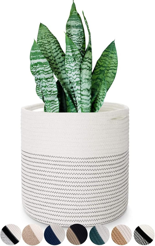 Woven Cotton Rope Plant Basket for 11 12" Flower Pot Floor Indoor Planters, Decor Basket for Plants Storage Organizer Modern Home Decor (12" x 12", White)