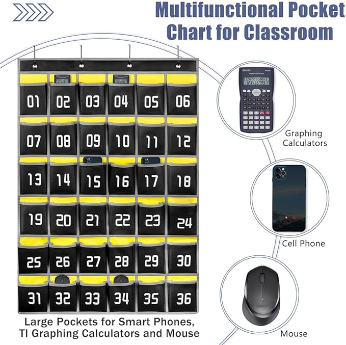 Loghot Classroom Accessories Closet Pocket Chart for Cell Phones Holder Wall Door Hanging Organizer (36 Pockets Black)