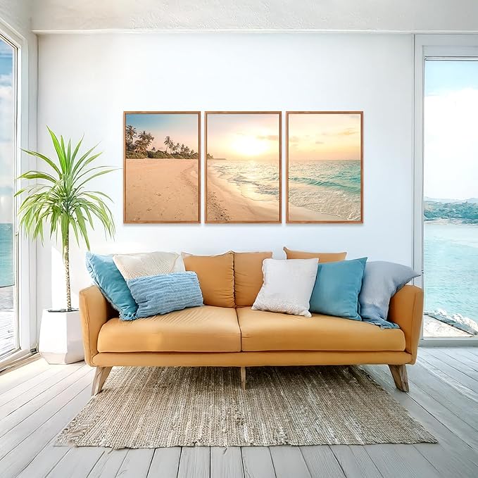 Aurlan Tropical Beach Sunset Framed Wall Art(16"x24"), 3PCS Coastal Ocean Island Canvas Artwork, Vintage Seascape Landscape Scenery Decor Prints for Office Home