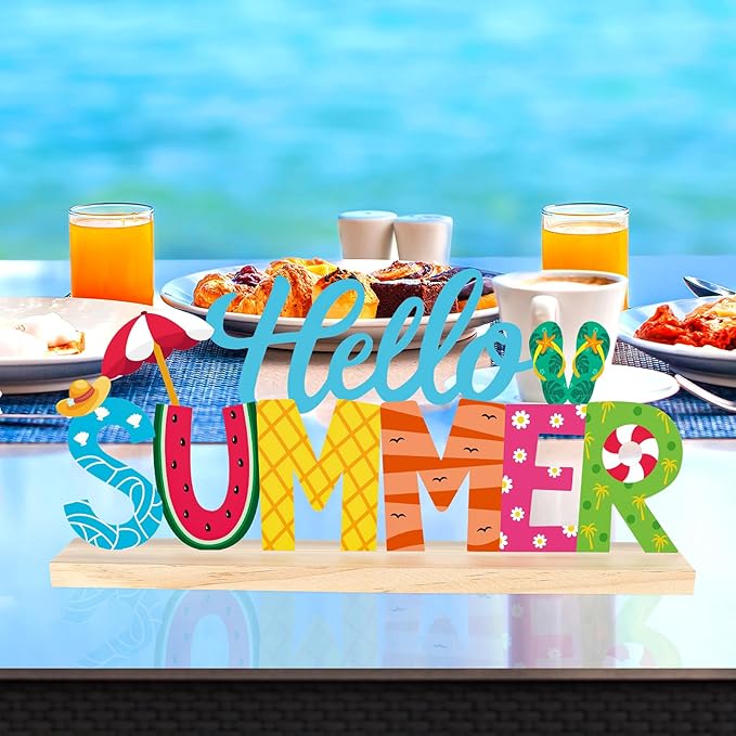 COCHIE Metal Hello Summer Sign, Summer Decorations for Home, Office, Shelf, Mantel, Indoor, Beach Slippers Tabletop Centerpiece Decoration, Watermelon Red Decor (Beach)