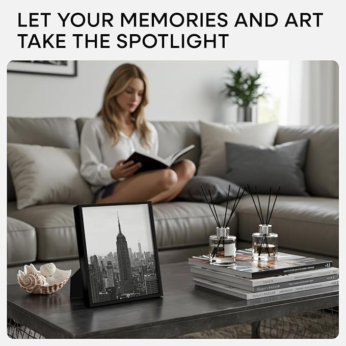 Homeforia Black Picture Frame 8.5 x 11, High End Metal 8.5x11 Poster Frames with Mat 6x8 Photo, 8.5 x 11 Frame Matted to 6 by 8 Art, 8.5by11 Wall or Tabletop Frames, Tempered Glass, Wall Kit, Set of 1