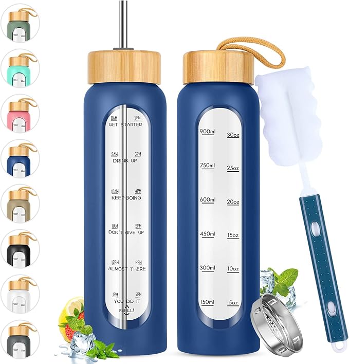 32 oz Glass Water Bottle with Straw - Motivational Time Marker & Silicone Sleeve - Reusable Tumbler Includes 2 Bamboo Lids & Fruit Infuser - 1 Pack