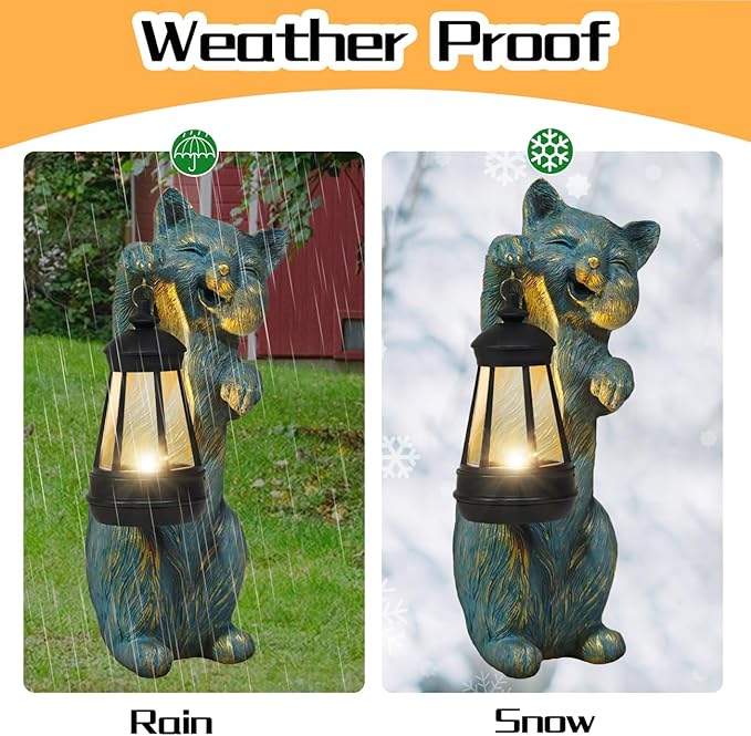 Garden Statues Cat with Solar Lantern Outdoor Bunny Figurines Decorations for Patio Yard Lawn Ornaments Gifts for Birthday Easter Housewarming Mother's Day