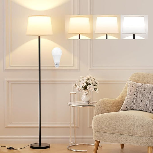 Floor Lamps for Living Room - 3 Color Temperatures Standing Lamp with White Shade, Modern Floor Lamp with LED Bulbs, Black Tall Lamp for Bedroom Office(9W Bulb Included)