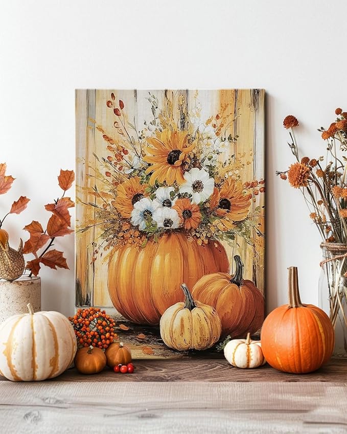 Rustic Autumn Fall Floral Pumpkin Wall Art Decor, Fall Floral Botanical Print for Thanksgiving Decorations, Autumn Wall Art Print for Farmhouse Living Room Bedroom Fall Decor, Ready to Hang