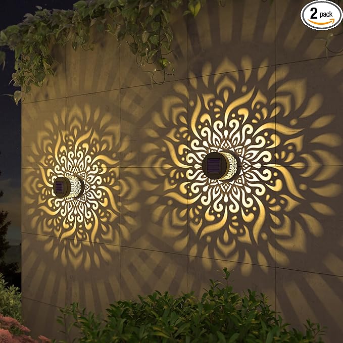 2 Pack Solar Fence Lights Metal Solar Powered Outdoor Deck Step Wall Lights Mandala Theme Waterproof Fence Light for Garden Post Patio Backyard Yard Decor (2 Pack)