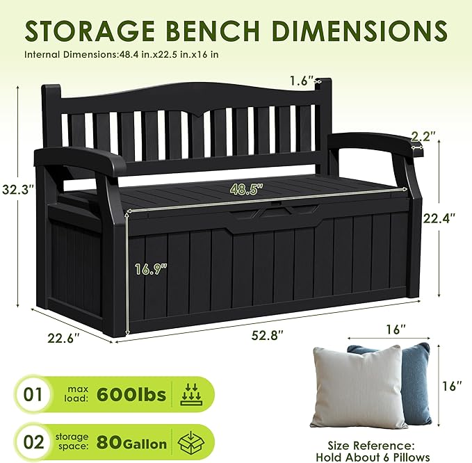 Greesum 80 Gallon Outdoor Storage Bench, Resin Patio Furniture with Armrest,Waterproof and UV-Resistant, Perfect to Garden, Poolside and Lawn, Dark Black