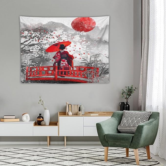 Japanese Red Geisha Tapestry Asian Cherry Blossom Red Sun Traditional Kimono Folk Tapestries Home Decor for Living Room Bedroom Apartment Farmhouse Dorm 40"x30"