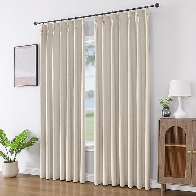 Joydeco 100% Blackout Pleated Curtains, Linen Window Curtains 2 Panel Sets 108 inches Long, Thermal Insulated Darkening Drapes for Bedroom(Ecru,40'' Wx108'' L)
