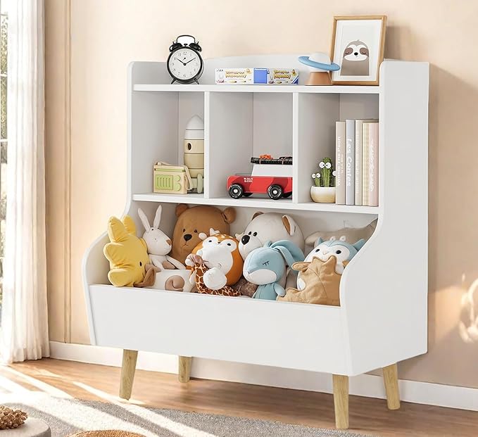 Kids Bookshelf and Toy Storage, 4-Cubby Toy Storage Organizer with Bookcase, Wood Kid Storage Cubby, 24"L x 14"D x 28"H Montessori Toy Shelf, Toddler Book Shelf for Kids Room Nursery Playroom