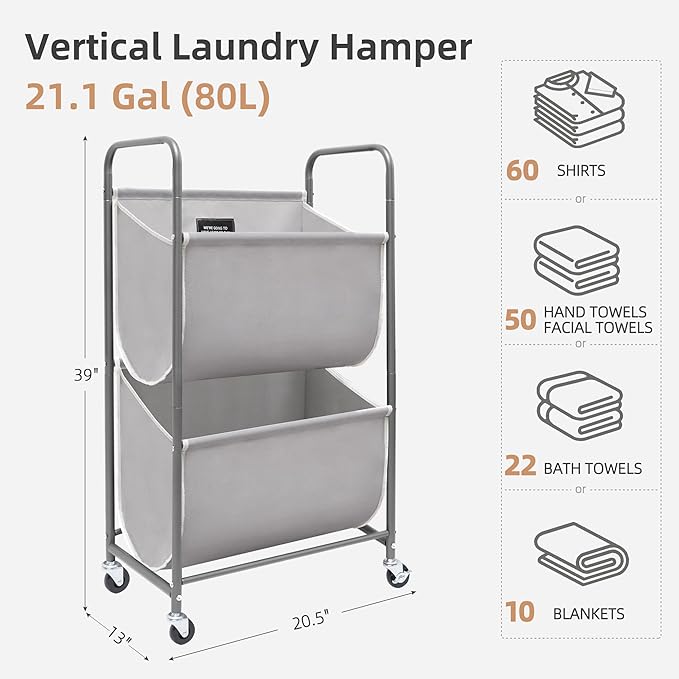 STORAGE MANIAC 80 Liters Vertical Rolling Laundry Hamper, 2 Section Laundry Sorter with Wheels and 2 Breaks, 2-tier Laundry Baskets for Small Space, Dorm, Laundry Room, Closet, Bathroom, Gray 2-tier