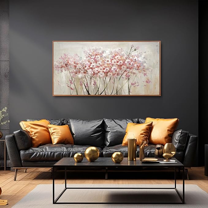 Flower Wall Art Framed Beige Canvas Paintings Colorful Wall Decor 24"x48" Art Posters Pictures for Dining Room Office Hotel