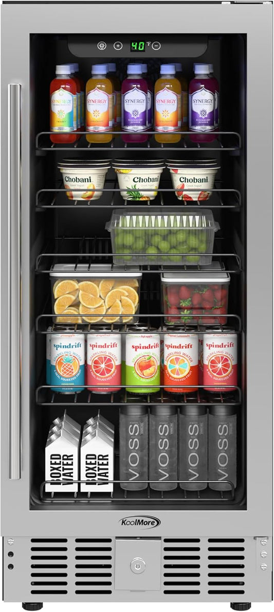 KoolMore 15” Inch Small Built-In Refrigerator and Beverage Cooler for Soda Cans, Beer Cans, Food and Fresh Snacks, 5 Wire Shelves, Adjustable Temperature Range (KM-BIR3C-GD), Stainless Steel