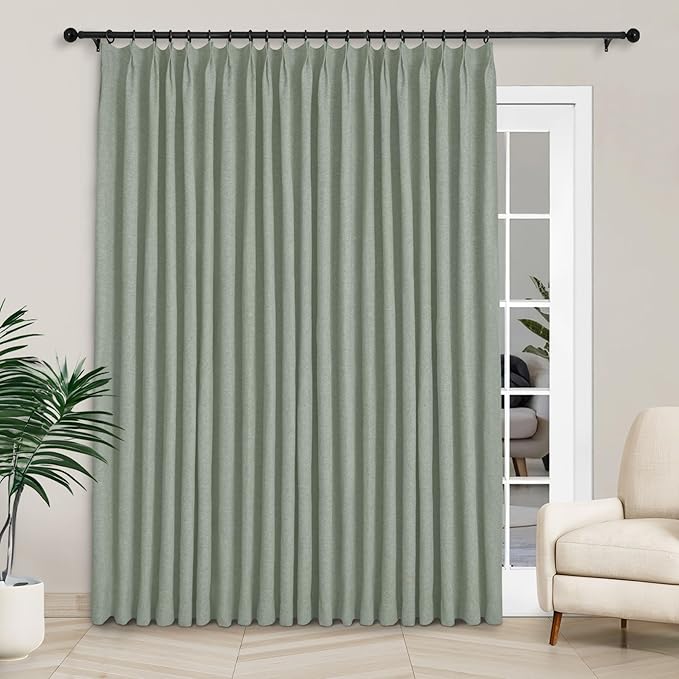 Macochico 100”Wx102”L 100% Blackout Pinch Pleated Linen Curtains for Sliding Door Bedroom Living Room Farmhouse Thermal Insulated Fog Green Burlap Drapes with Tieback 1 Panel Shabby Chic Style
