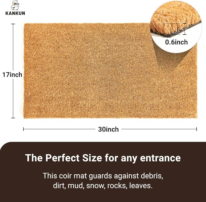 KANKUN Coco Coir Door Mat with Heavy Duty Backing, Welcome Doormat (17" x 30"), Doormat Entrance (Plain - Natural)