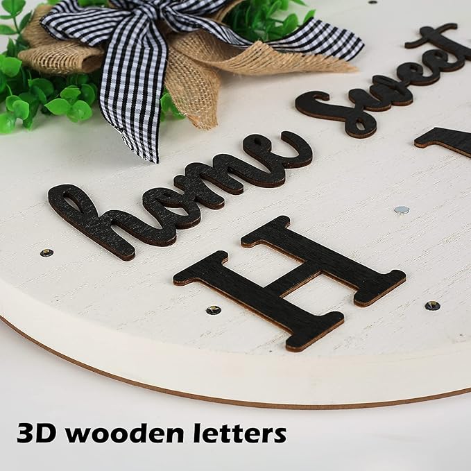 Interchangeable Welcome Sign for Front Door with 14 Changeable Icons, Farmhouse Front Porch Decor Rustic Wooden Wall Sign with 12 LED Lights, Outdoor Seasonal Welcome Home Decorations (White1)