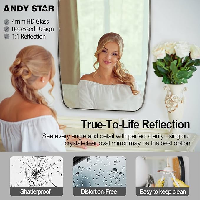 ANDY STAR Brushed Nickel Oblong Mirror, 36x48 Inch Brushed Nickel Oval Mirror for Bathroom with Stainless Steel Metal Frame, Wall Mouned for Bathroom, Living Room, Entryway