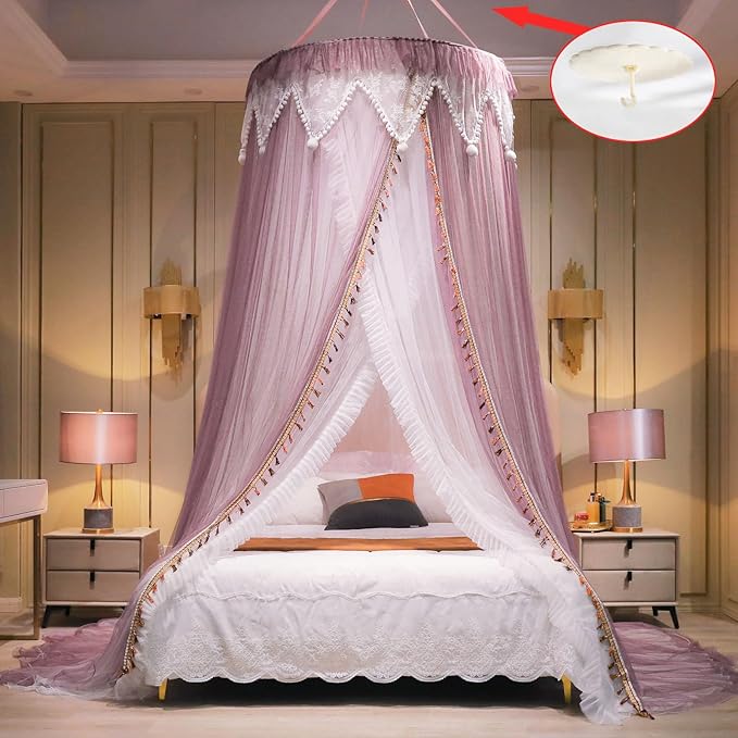 AIKASY Girls and Adults Canopy Bed, Elegant Double-Layer Bed Curtain, Children's Dream Round Lace Mosquito Net, Princess Canopy Net - Fits Twin, Full, Queen, and King Beds (White/Red Bean)