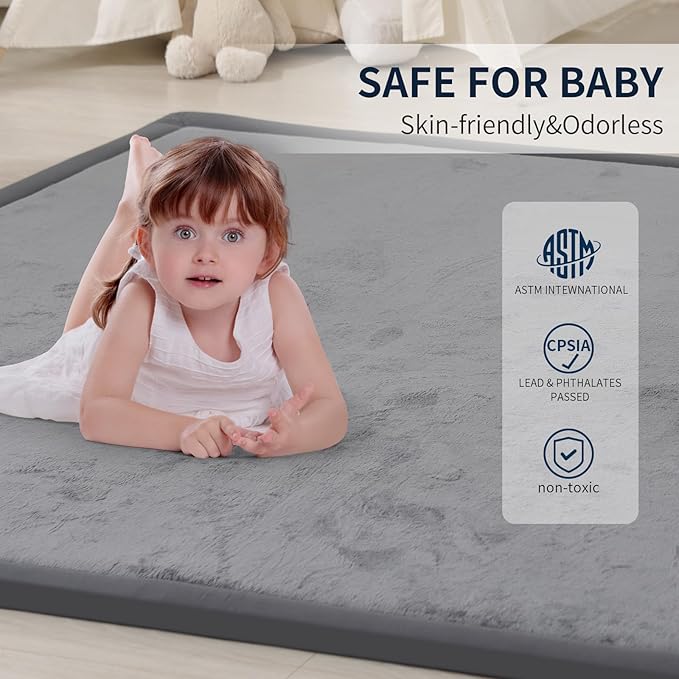 ACOMOPACK Baby Play Mat for Floor 1.3" Thick Memory Foam Play Mat 71"×79" Tummy Time Crawling with Non-Slip Bottom for Living Room,Nursery,Soft Velvet Playpen Mats for Kids,Infants（Dark Grey）