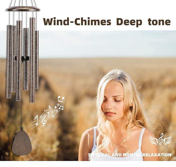 Wind-Chimes-Outdoor-Deep-Tone, Large Soothing Melodic Tones Windchimes, Wind Chimes for Outside, Memorial Wind Chime Best Gift for Mom Women Grandma Neighbors(32" Brown Coated Aluminum)