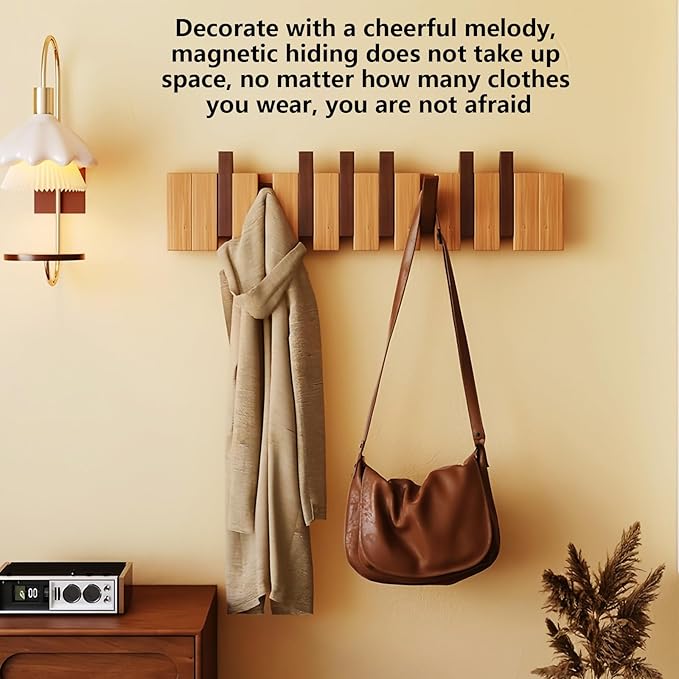 Wall Mounted Piano Key Hanger | Flip Style Hook | Entrance Wall Art Hook, Made of Oak Wood (3 Times Painted, 4 Times Polished) (Walnut-Beech, 8Hooks)