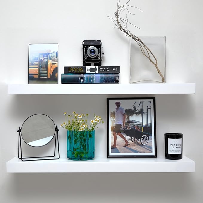 Homeforia White Floating Shelves 30 inch, High End Solid Real Wood 30inch Floating Shelf for Wall Mounted, White Wooden 30in Long Floating Shelves, Heavy Duty Bracket, 30 X 6.5 X 1.75 inches, Set of 2