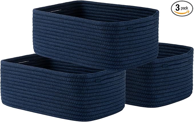 Small Woven Basket, 13.5 x 9.5 x 5 Inches, Storage Basket for Organizing, Cute Small Rope Shelf Closet Cube Storage Bins Baskets for Shelves, Dog Toy Gift Baskets Empty, 3 Packs, Navy Blue