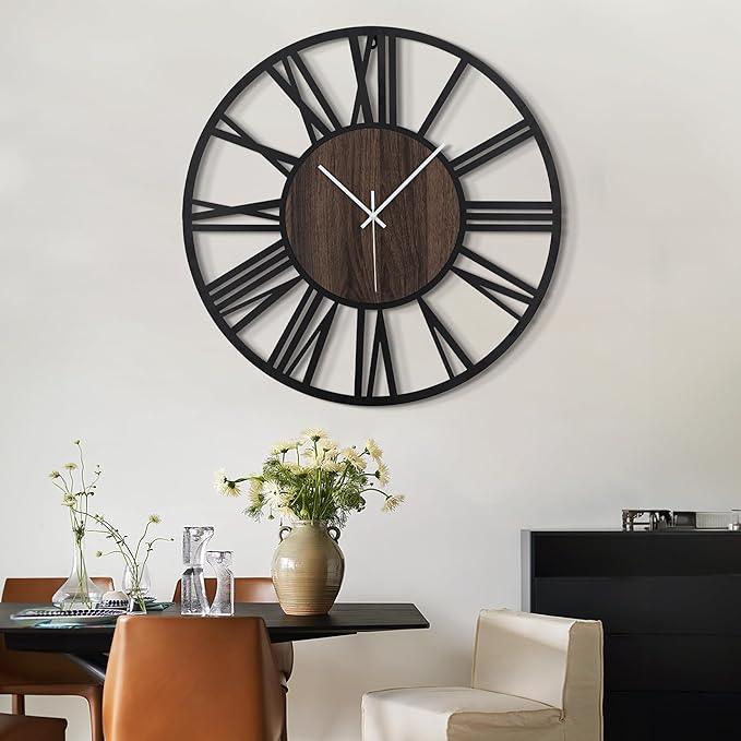 LEIKE 30" Oversized Large Wall Clocks,Silent,Non Ticking,Battery Operated Modern Round Big Wood Decorative Metal Wall Clock for Living Room, Bedroom,Kitchen,Farmhouse,Office Decor - Black,30 Inch