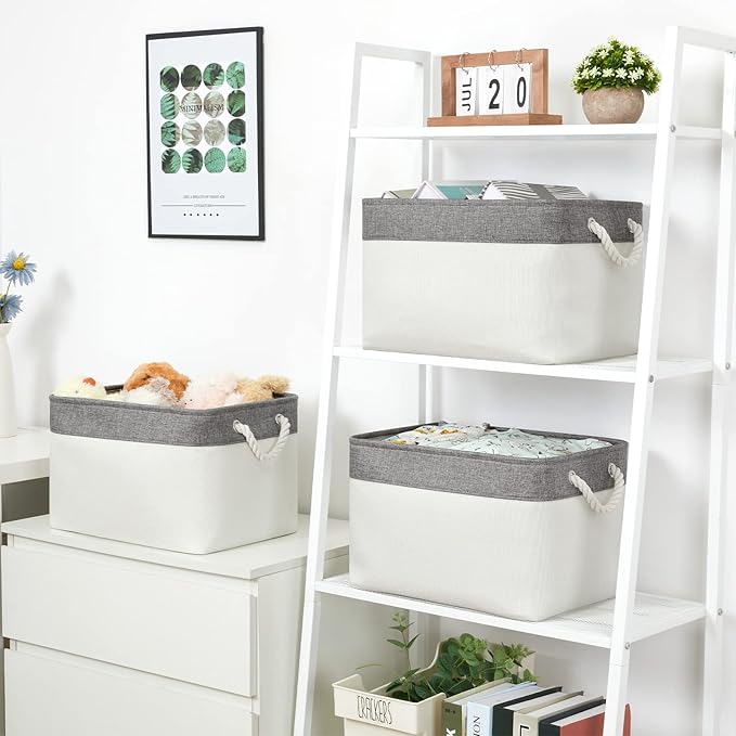 Bidtakay White Baskets with Cotton Rope Handles Decorative Storage Bins [3-pack] Fabric Bins for Organization Linen Closet Shelf Storage Baskets for Clothes Toys Towels 15 X 11 X 9.5 Inches